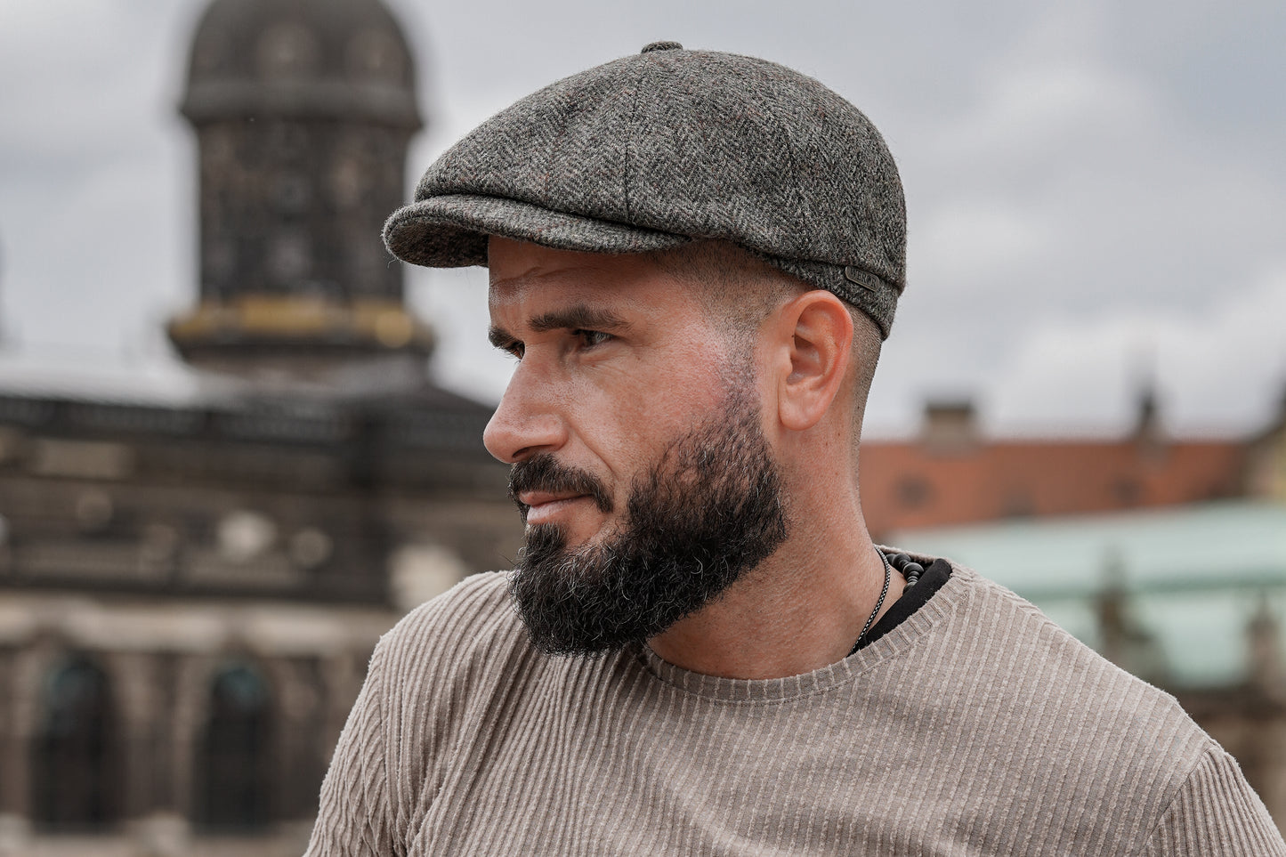 Schiebermütze - Heavy Herringbone Wool Check - Steppfutter - WEROR-434.1 Moos